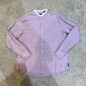 Armani Exchange Shirt Mens Large Pink Linen Band Collar Long Sleeve‎ Regular Fit
